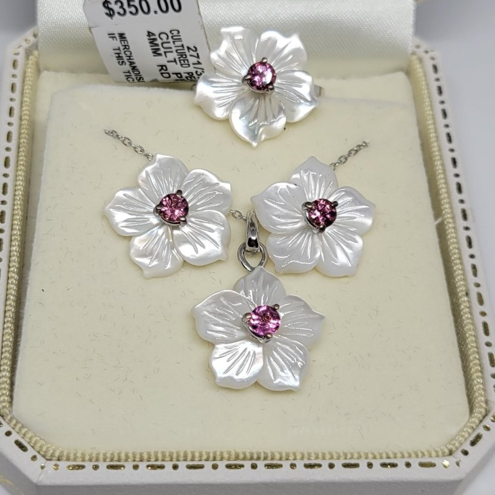 4.0mm Pink Tourmaline/Mother-of-Pearl Petal Flower Ring/Earring/Necklace SET